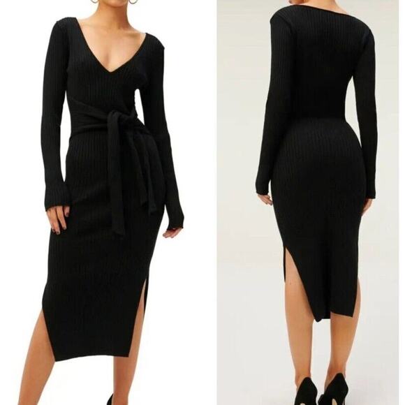 Good American 3 Large Dress Black Ribbed Sweater Midi Tie Waist V Neck Stretch - Picture 1 of 10